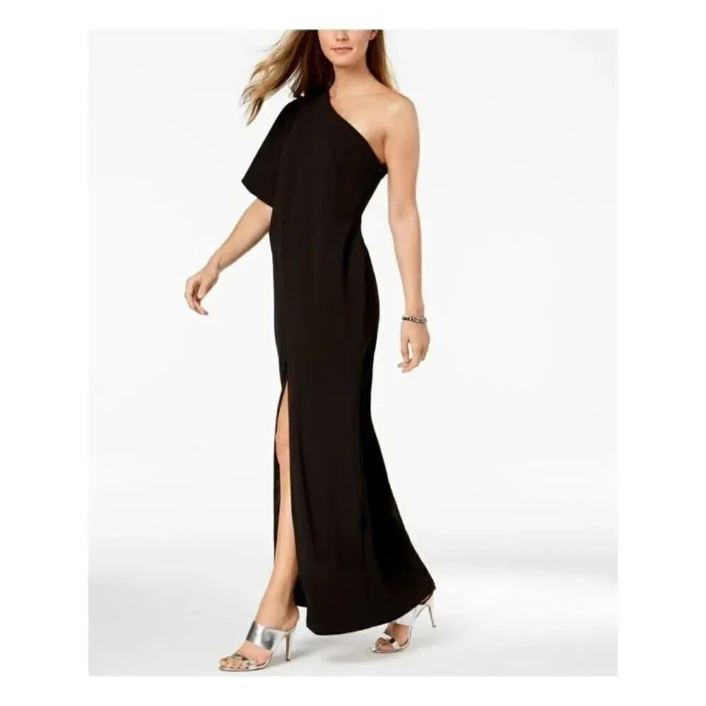 New Adrianna Papell Maxi Dress Black Draped One Shoulder Occassion, Elegant Sz 4